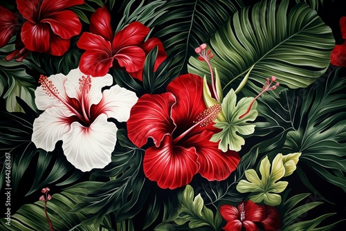 Tropical foliage and hibiscus motif for exotic backdrops. Generative AI
