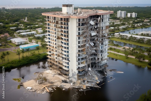 An aerial perspective of a high-rise building in Port Charlotte reveals the aftermath of Hurricane Ian with the damaged construction scaffolding. Generative AI