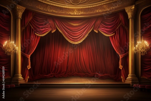 Red curtains drawn, golden walls, crimson velvet carpet, theater scene. Generative AI