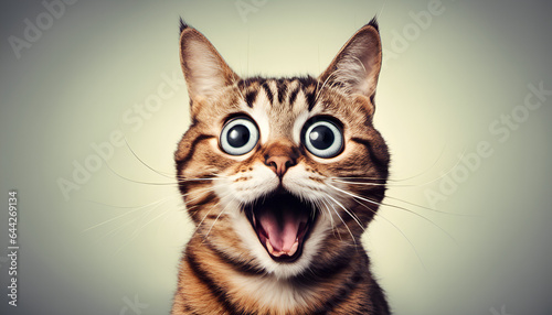 A comical image of a surprised cat with wide eyes and raised eyebrows. Perfect for adding humor to your content or meme creation © Max