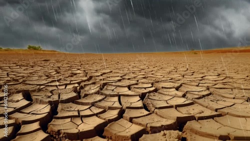 rain fall the the cracked soil on dry land, dry season, with cloudy video