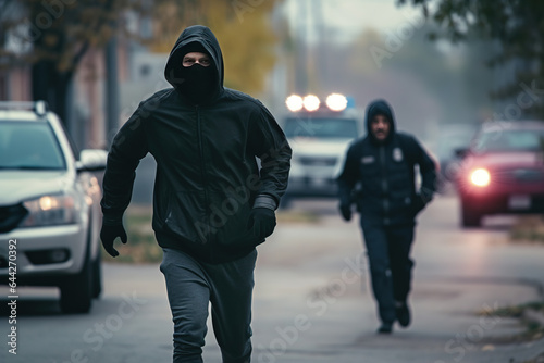 Thief running down the street with police officer chasing. Unrecognizable person in black hoodie and mask running away from police. photo