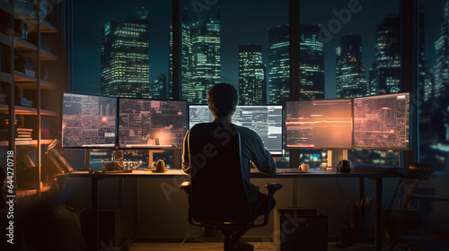 Programmer sitting in front of two large computer monitors with lines of code in a dimly lit office background.