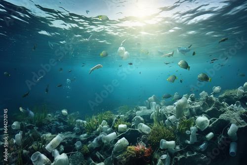 Plastic bottles and other waste floating in ocean