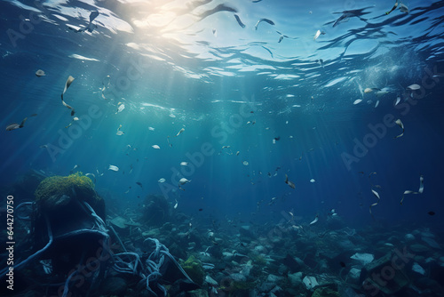 Plastic bottles and other waste floating in ocean © arhendrix