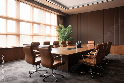 Interior of modern meeting room  carpet floor and wooden conference table