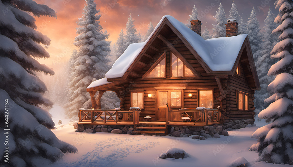 A cozy cabin in the woods, with a warm fireplace, hot cocoa, and a view of the snowy landscape, creating a perfect winter holiday getaway A cozy cabin in the woods, with a warm fireplace, hot cocoa, and a view of the snowy landscape, creating a perfect winter holiday getaway