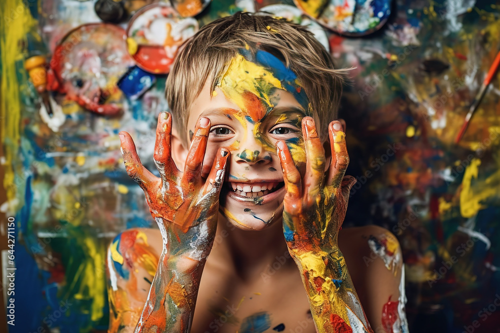 a young smiling boy, engaged in painting with paint on his face and hands. Young creative hands