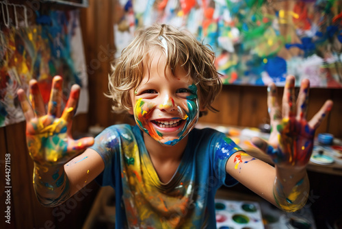 a young smiling boy  engaged in painting with paint on his face and hands. Young creative hands