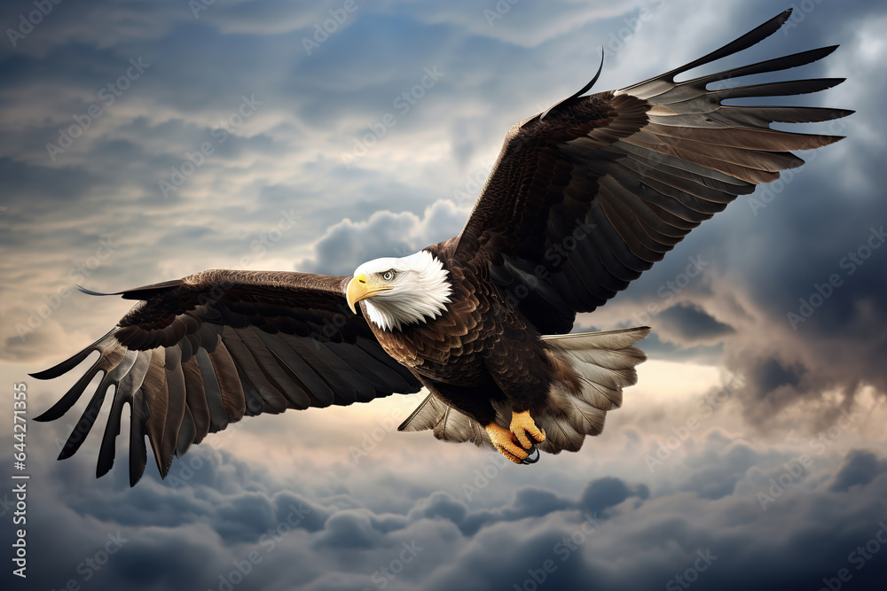 Bald eagle soaring in the sky with wings spread wide. Bald eagle soaring in the sky with wings spread wide.