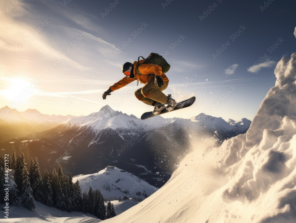 A man flying through the air while riding a snowboard. Generative AI.