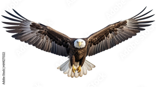 Bald eagle soaring in the sky with wings spread wide.