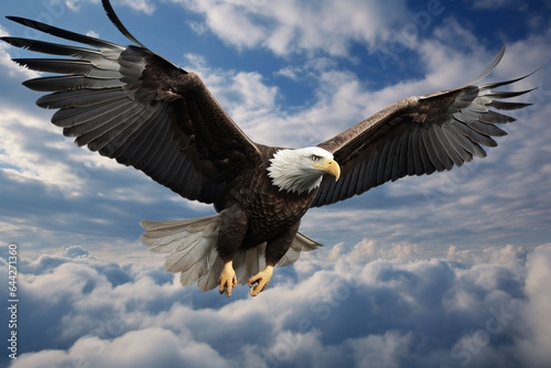Bald eagle soaring in the sky with wings spread wide.