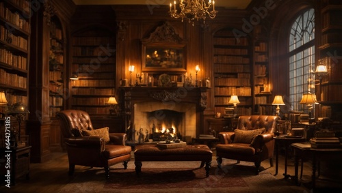 Cozy Fireside Reading Nook in Old-World Library