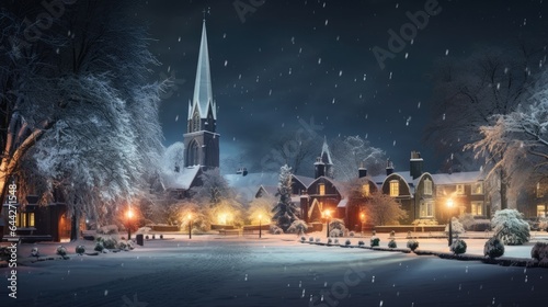 A snowy night scene with a church steeple in the background. Generative AI.