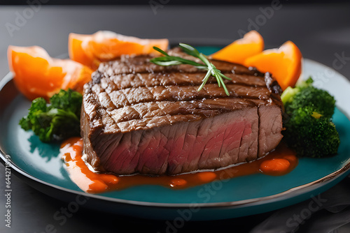 Close-up image of a rare steak. Generative AI technology
