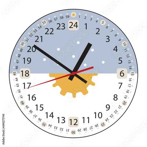 24 Hours 60 minutes Clock Face with arrows. Full day clock. Day and night. Cute design with sun and stars