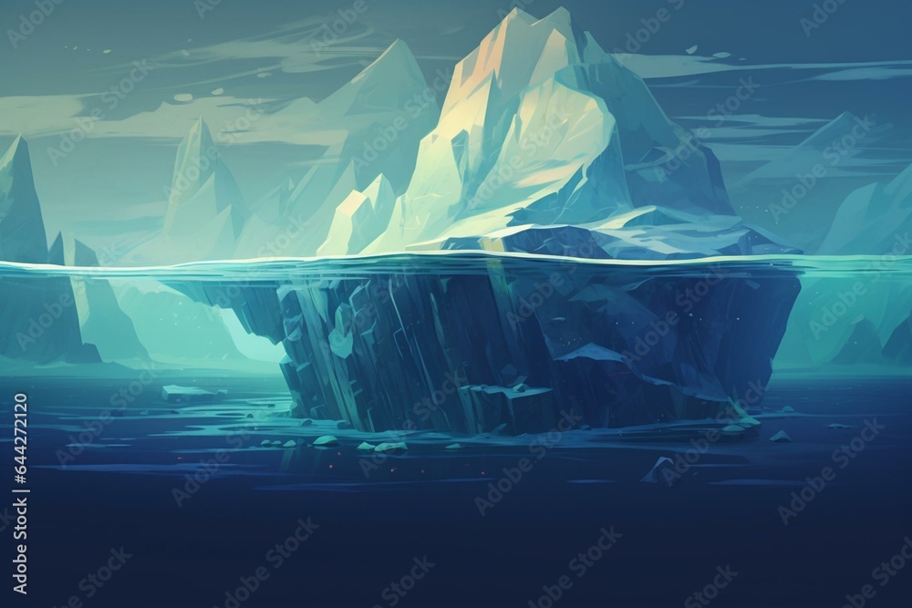 Illustration of an iceberg submerged in the ocean with a background scene. Generative AI