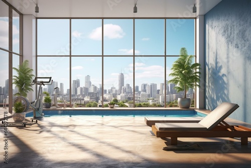 Contemporary gym with pool, blank poster, city view, daylight. Healthy lifestyle and interiors. 3D rendering. Generative AI © Vesper