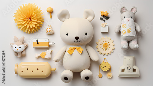 Children's toys on a light gray background, a knitted toy rabbit, children's clothes and accessories.