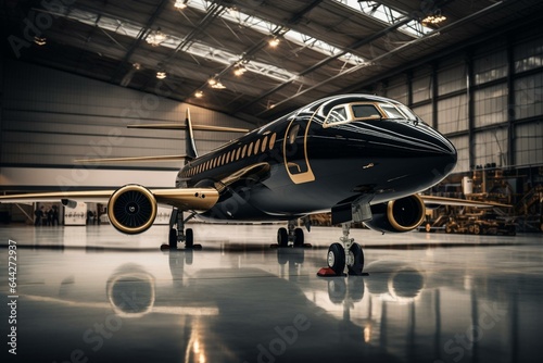 A luxurious black jet with gold accents parked in a bright empty hangar, prepared for extravagant business or tourism travel. Generative AI