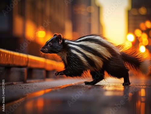A striped skunk walking across a street. Generative AI. photo