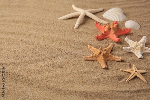 Beautiful sea stars and shells on sand, space for text