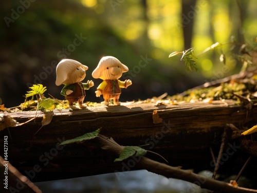 A couple of toy figurines are standing on a log in a frorest. Generative AI. photo