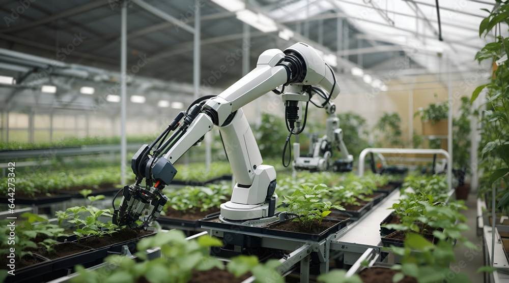 スマート農業、温室内で植物を収穫する自動化された産業用ロボットアーム｜Smart farming, automated industrial robotic arm picking up plants in a greenhouse. Generative AI