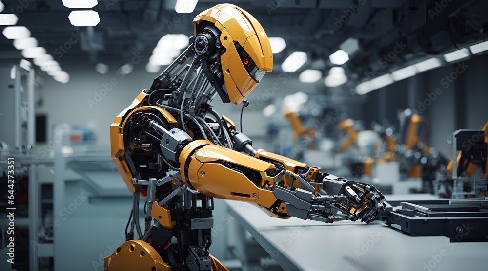 人型のロボットが倉庫で稼働する、危険な作業を人に代わって作業｜A humanoid robot works in a warehouse. Perform dangerous work on behalf of humans. Generative AI - obrazy, fototapety, plakaty 