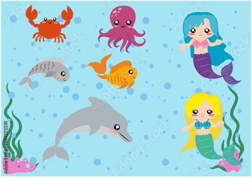 set de animales acuaticos y dos hermosas sirenas, pulpo, delfin, pez, pez dorado, cangrejo, peces, mar, dibujos animados, animal, vector, octopoda, oceáno, acuático, ilustración, delfines, submarino, 