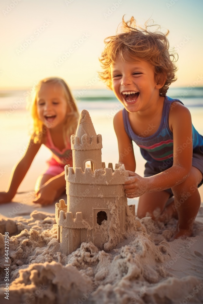custom made wallpaper toronto digitalTwo little kids playing with a sand castle on the beach. Generative AI.