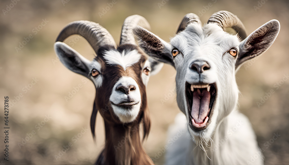 A humorous image of a surprised goat with a quirky expression. Use this image to create funny and entertaining content A humorous image of a surprised goat with a quirky expression. Use this image to create funny and entertaining content
