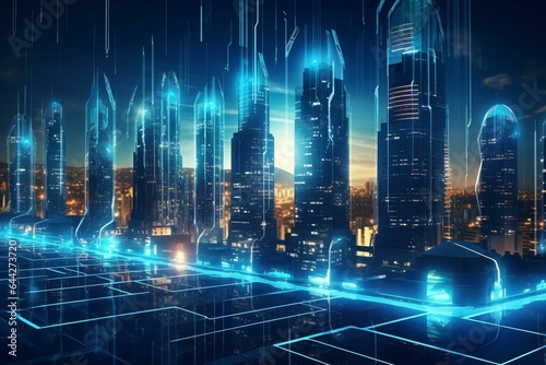 Futuristic city with digital mesh and holograms on blurry background. Emphasizes network, communication, and innovation. Generative AI