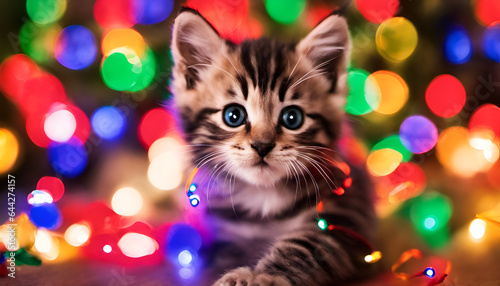 A playful kitten tangled in colorful holiday lights, creating a humorous and adorable festive moment