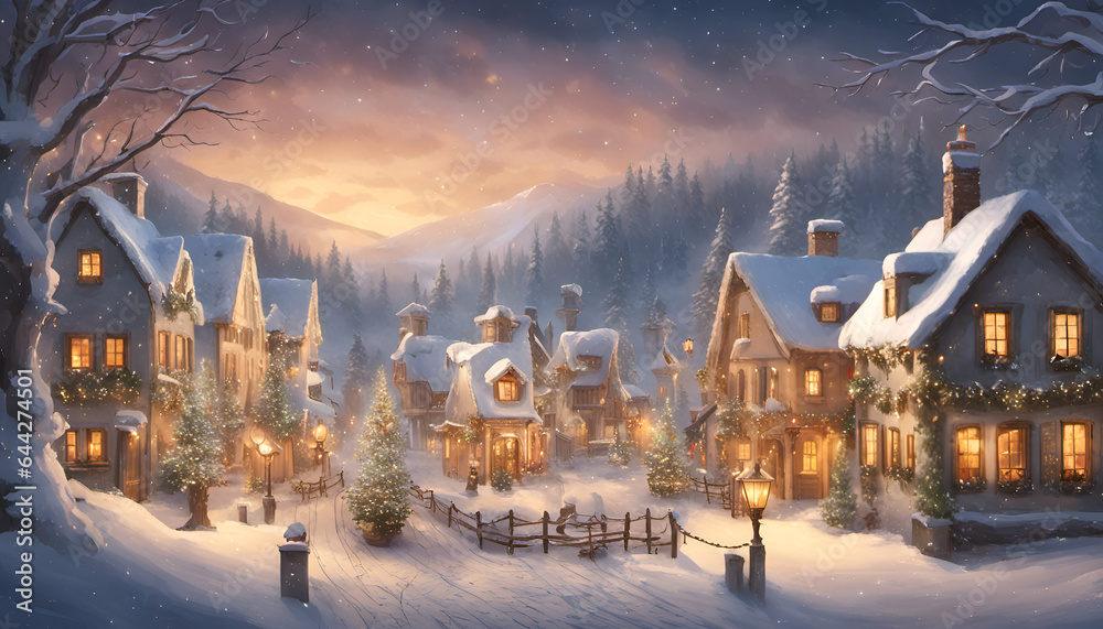 A snow-covered winter wonderland with a charming village and illuminated holiday lights, setting the scene for a magical Christmas evening