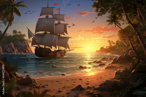 Pirate ship docks at tropical beach, picking up more pirates. Storybook-style artwork. Generative AI