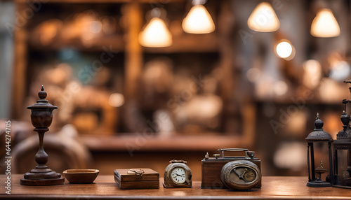 A vintage wooden table with antique items in front of a blurred antique store scene with bokeh lights. High quality photo, great for antique and vintage product showcases