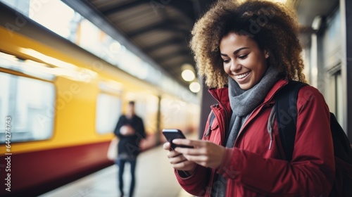 Smiling attractive woman looking at his smart phone at a train station.
