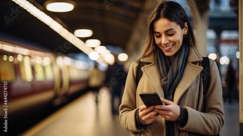 Smiling attractive woman looking at his smart phone at a train station.