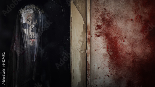 Halloween concept of spooky skull face ghost of bride in veil in old window with misty dark background of haunted abandoned house