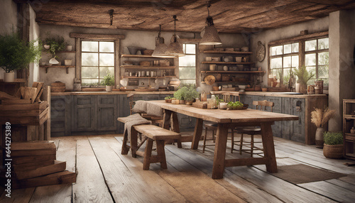 Rustic farmhouse interior, country living charm. A cozy farmhouse interior with rustic elements. Ideal for promoting rustic home decor © Max