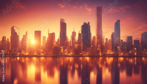 Vibrant cityscape at sunset, urban elegance concept. A breathtaking skyline with warm, golden hues © Max