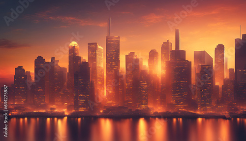 Vibrant cityscape at sunset, urban elegance concept. A breathtaking skyline with warm, golden hues