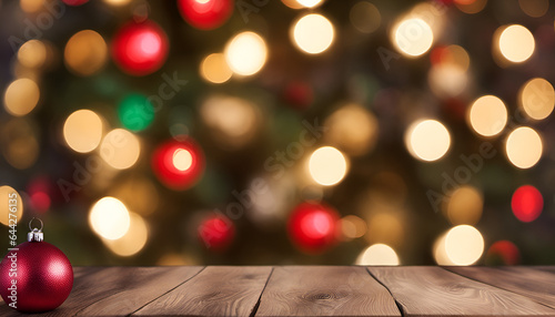 Wooden table adorned with festive decorations against a blurred holiday lights background. High quality photo  ideal for your holiday season promotions