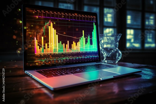 A holographic chart of financial markets displayed alongside a computer. Double exposure. Forex concept. Generative AI