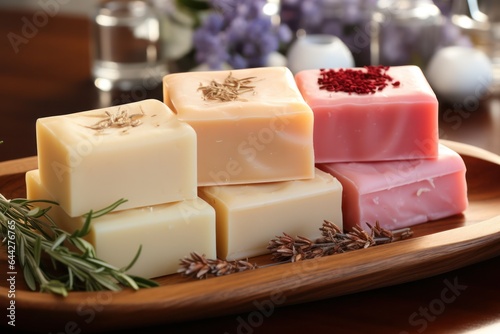 handmade soap bars with herbs and natural additives. spa products and self-care. 