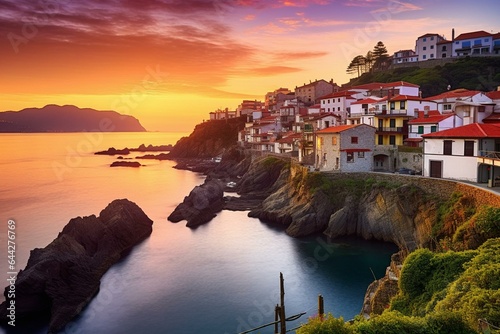 Idyllic sunrise over charming coastal village, Lastres, Asturias, Spain. Generative AI