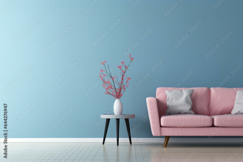 A light blue living room with an empty pink wall. Generative AI - obrazy, fototapety, plakaty 