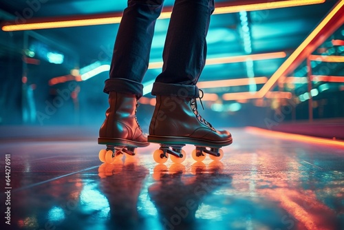 Person roller skating on illuminated rink seen from low perspective. Generative AI